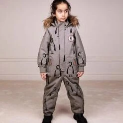 Mini RodiniKids Mini Rodini Baby Kebnekaise Snowsuit With All Over Penguin Print - Grey