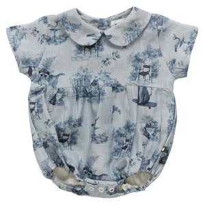 OeufKids Oeuf Baby Short Sleeve Ciel Blue With Toile De Jouy Print Romper - Blue - Image 2