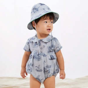 OeufKids Oeuf Baby Short Sleeve Ciel Blue With Toile De Jouy Print Romper - Blue
