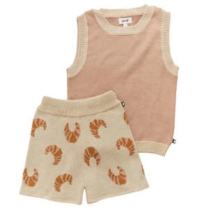 OeufKids Oeuf Baby Two Piece Vest And Bloomer Set - Eggshell Beige With Croissant Print - Image 2