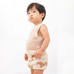 OeufKids Oeuf Baby Two Piece Vest And Bloomer Set - Eggshell Beige With Croissant Print