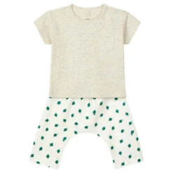 Petit BateauKids Petit Bateau Baby Two Piece Set - Beige Melange/Green Leaf Print